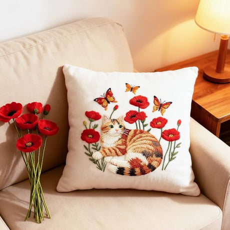 BEUNITONE 4 Set Embroidery Kit for Beginners, Cat and Butterfly Pre-Stamped Pattern Needlepoint Kits for Adults with Hoop and Instruction, Cute Hand Embroidery Patterns for Cloth and Home Decor BEUNITONE