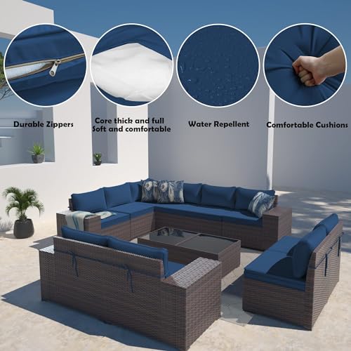 Gotland 12 Pieces Patio Furniture Set Outdoor Sectional Wicker Furniture All-Weather PE Rattan Patio Conversation Sets w/10 Replaceable Navy Waterproof Cushions and 2 Coffee Table - WoodArtSupply