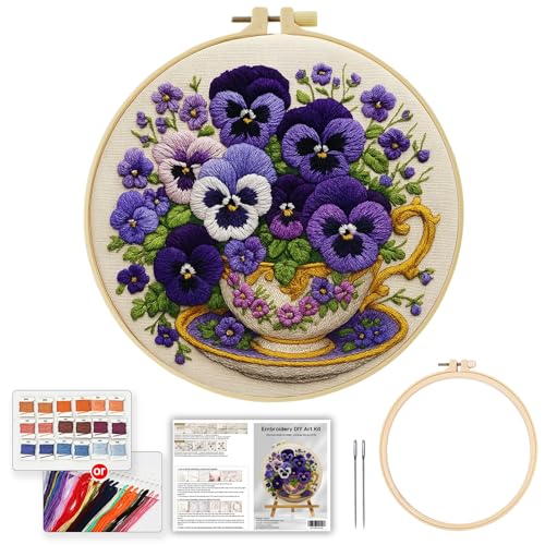 JOZYSH Flower Embroidery Kit for Beginners with Stitch Video, Flower Cross Stitch Kits for Adults, Starter, Hand Craft Lover Practice with Floral Stamped Pattern, 1 Hoops, 8 Needles, Scissors, Tools