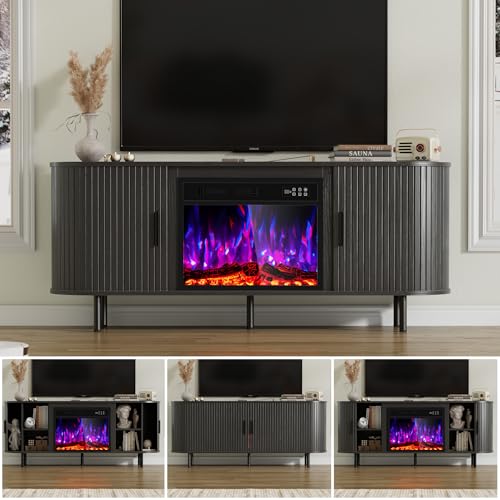 Kucreiheat 65" Fluted Fireplace TV Stand, Modern Entertainment Center for TVs Up to 75 inch, TV Console with Sliding Door, Curved Profile Design, Media Console for Living Room, Black Kucreiheat