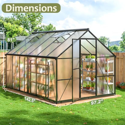 AirWire 12x8 FT Greenhouse for Outdoors, Quick Setup Polycarbonate Greenhouse with Roof Vent, Aluminum Large Walk-in Greenhouse for Outside Garden Backyard, Black