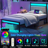 CollaredEagle Twin Bed Frame with LED Lights & Charging Station, Metal Platform Bed Frame with Fabric Upholstered Headboard, No Box Spring Needed, Noise Free, Easy Assembly, Black CollaredEagle