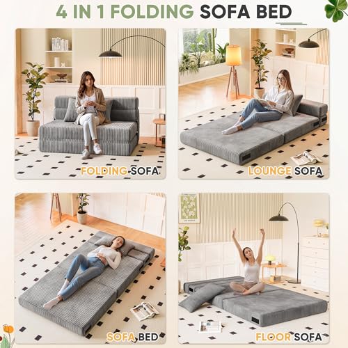 Homall Folding Sofa Bed, Floor Couch Convertible Sleeper Chair with Pillow, Comfy Futon Lounge Sofas, Portable Fold Out Chair Bed for Living Room, Small Space (Corduroy, Slate Grey) Homall