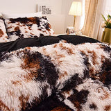 Aimuan Cow Print Duvet Cover Shaggy Fluffy Tie Dye Brown Black Velvet Bedding Set Super Soft Faux Fur Fuzzy Comforter Cover with Pillowcases (Coffee-Black, King) Aimuan