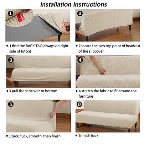 Turquoize Stretch Futon Cover Full Size Armless Sofa Bed Cover Futon Couch Cover Furniture Protector with Elastic Bottom Feature Thick Soft Checked Jacquard Fabric, Machine Washable, Biscotti Beige Turquoize