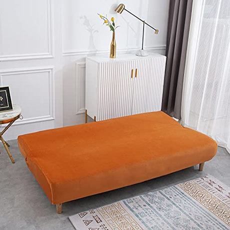 Armless Sofa Bed Cover Futon Slipcover Velvet Stretch Spandex Folding Sofa Couch Non-Armrest Furniture Protector (Velvet Orange) MIFXIN