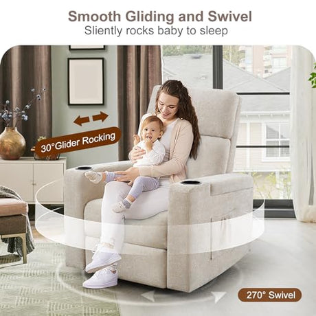 ABCASA Power Recliner Rocking Chair Nursery Glider, Swivel Reclining Nursery Rockers for Baby Room & Living Room, Chenille Chair with Phone Holder, USB/Type-C Ports, Arm Storage, Light Brown ABCASA