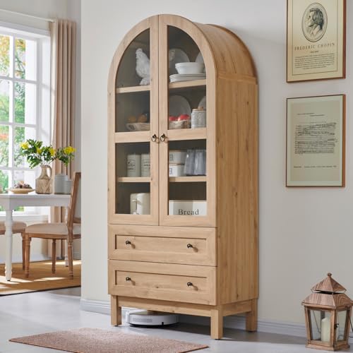 IFGET 71" Tall Arched Kitchen Pantry, Modern Farmhouse Wood Kitchen Storage Cabinets with 2 Large Drawers and Adjustable Shelves, Versatile Cupboard for Kitchen, Dining Room, Bathroom, Natrua - WoodArtSupply