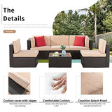 Shintenchi 6 Pieces Patio Furniture Sets Outdoor All-Weather Sectional Patio Sofa Set PE Rattan Manual Weaving Wicker Patio Conversation Set with Glass Table&Ottoman Cushion and Red Pillows, Beige Shintenchi