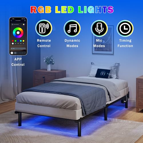 SHOANED Twin Size Bed Frame with LED, 7 Inch Metal Steel Bedframe for Box Spring and Mattress, Heavy Duty Basics Bed Base with Charging Station, Noise Free, Easy Assembly, Black SHOANED