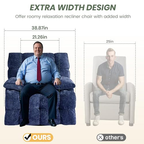 VIKAYAMICS Oversized Rocker Recliner Chair 42” Power Swivel Recliner for Living Room Overstuffed Extra Wide Rocking Recliners with Breathable Soft Fabric Up to 400lbs(Manual Blue) VIKAYAMICS