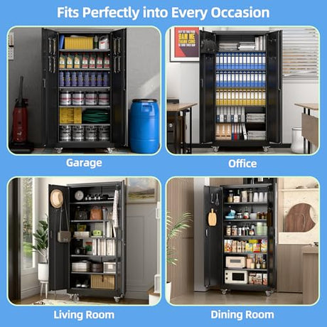 Aobabo Upgraded Garage Storage Cabinets with Wheels,Metal Storage Cabinets with 5 Adjustable Shelves for Garage Home Office Storage, Black,71''H*34''W*18''D,Assembly Required Aobabo