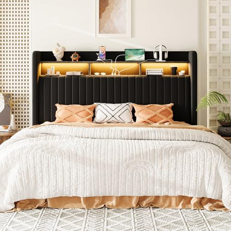 Allewie King Size Lift Up Hydraulic Storage Bed Frame, 2-Tier Shelf Headboard with LED Lights and Charging Station, USB and Type C Ports, Wingback Velvet Headboard, No Box Spring Needed, Black Allewie