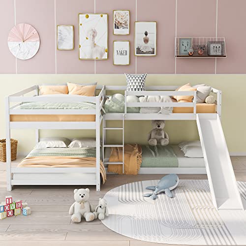 Quad Bunk Bed with Slide, Full and Twin Size L-Shaped Bunk Bed Frame Compatible with 4, Bunk Bed with Ladders Compatible with Teens Adults (White) Bedroom Bed Frame, WoodArtSupply