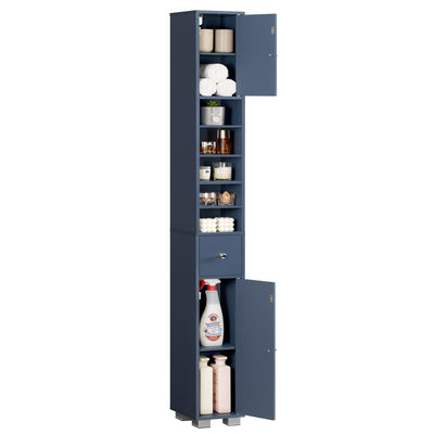 TEENFON Bathroom Cabinet, Narrow Bathroom Storage Cabinet with 5 Adjustable Shelves & Drawer, Freestanding Cupboard for Small Spaces, Blue