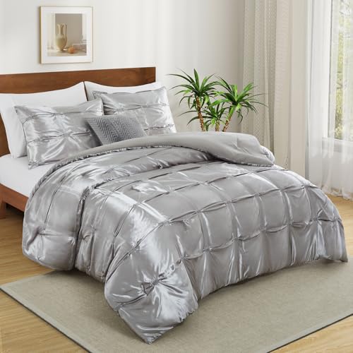 Lanest Housing Full/Queen Size Satin Comforter Set Grey, 3 Pieces Soft and Lightweight Silk Bedding, All Season Fluffy Down Alternative Comforter Bed Set Lanest Housing
