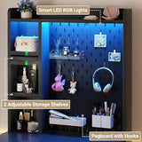 Besiost Small Vanity Desk with Hutch and Drawers, Black Makeup Vanity Desk with Charging Station, Vanity Table Dressing Table with LED Lights, Vanity Desk No Mirror with Pegboard for Girls Women, 24" Besiost