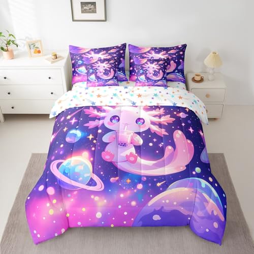 Feelyou Kids Cute Axolotl Comforter Set with Sheets Twin Size, Galaxy Planet Space 7 Pieces Bedding Set Boys Girls Cartoon Animal Bed in A Bag Dreamy Starry Teens Bed Set Bedroom Decor 7Pcs Feelyou