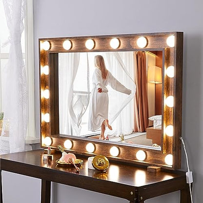 LUXFURNI Large Hollywood Vanity Mirror with Lights, Lighted Makeup Mirror with 18 LED Bulbs for Dressing Room, Wall-Mount/Tabletop (Rustic Brown) - WoodArtSupply