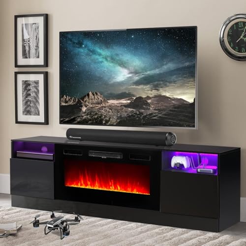 Breezestival Fireplace TV Stand with Two Hinged Doors for TVs UP to 80", Modern Electric Fireplace Entertainment Center with LED Lights & Storage Cabinets, TV Stand for Living Room 70" Black  - WoodArtSupply