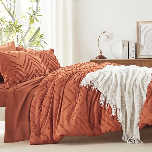 Anluoer Queen Comforter Set, Burnt Orange Tufted Bed in a Bag 7 Pieces with Comforter, 2 Pillow Shams, 2 Pillowcases, 1 Flat Sheet, 1 Fitted Sheet Anluoer