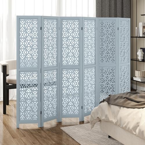 Giantex Room Divider 6 Panels - Boho Room Dividers with Carved Cutout Pattern & Solid Wood Frame, Fully Assembled, 65'' Folding Privacy Screen Partition Wall Divider for Room Separation, Light Blue Giantex