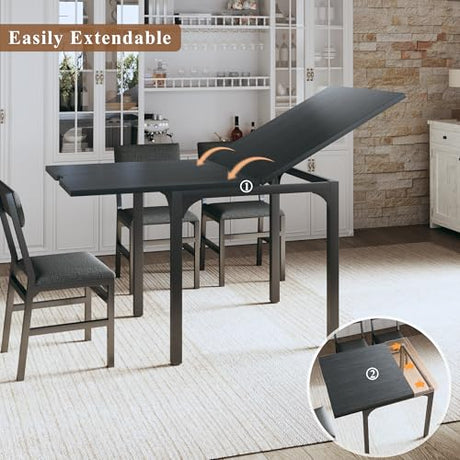 7-Piece Dining Table Set for 4-6, Extendable Kitchen Table Cushion Chairs Set of 6 with 6 Chairs, Rectangle Dining Table with Metal Frame & MDF Board, Folding for Small Apartment Saving Space, Black HUAHUU