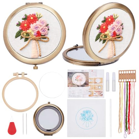 WEBEEDY Embroidery Starter Kit DIY Bouquet Mirror Embroidery for Beignners, Cross Stitch Makeup Mirror Kit with Stamped Flower Pattern for Women Birthday Bridesmaid Party Sewing Stitchwork Gift WEBEEDY