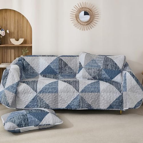Dintszyayue King Size Quilt Blue, 3 Pieces Patchwork Bedspread Bedding for King Size Bed, Soft Lightweight Microfiber Geometric Coverlet Set for All Season Quilts with 2 Pillowcases Dintszyayue