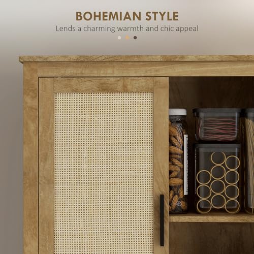 HOMCOM 64" Kitchen Pantry Storage Cabinet, Freestanding Kitchen Cabinet with 4 Rattan Doors, 4 Tier Shelves and Adjustable Shelf, Natural HOMCOM