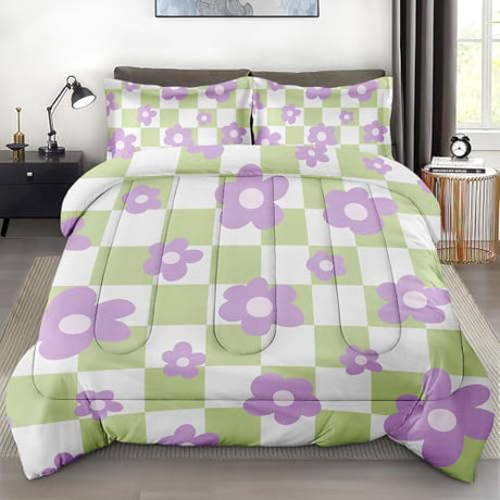 Zzzboro Comforter Set with 2 Pillowcases Full Size, Retro Green Buffalo Checkered Plaid, Bed Decor Purple Daisy Flower Hippie Floral for Kids and Adults, Soft Cozy Bedroom Bedding Set Zzzboro