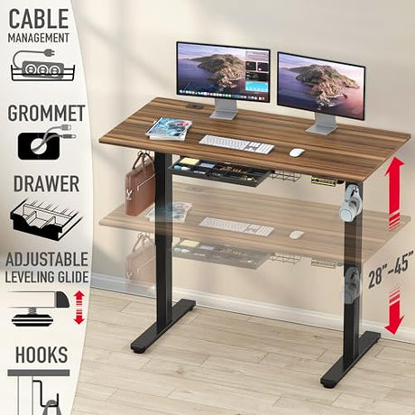 SHW 55 x 28 Inches Electric Height Adjustable Standing Desk with Drawer and Memory Preset, Walnut SHW