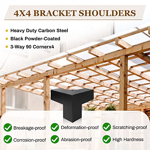 4x4(Actual: 3.5x3.5 Inch) 3-Way Pergolas Corner Extension Brackets, Aluminum Pergola Bracket with Black Powder Coated(4 Packs) - WoodArtSupply