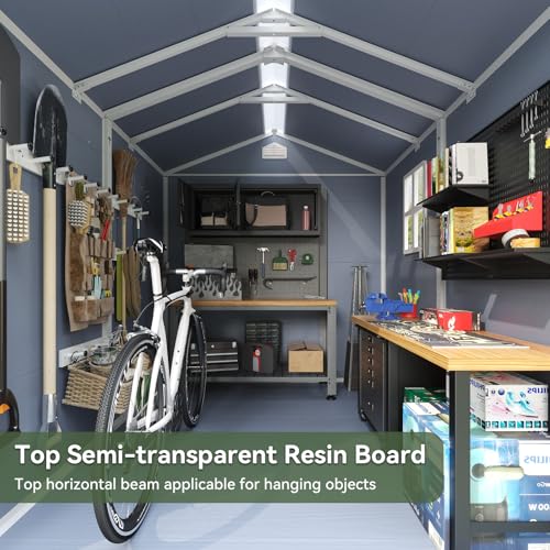 Aoxun 8x6FT Resin Outdoor Storage Shed with Floor, Plastic Garden Shed with Lockable Door and Window, Tools House to Store Patio Furniture, Bike Accessories, Garbage Can and Lawn Mower - Grey Aoxun