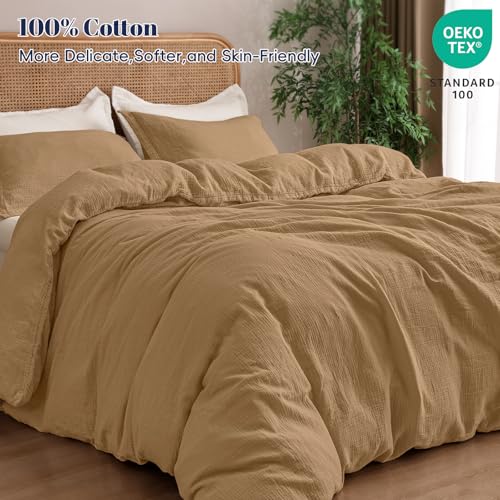 PHF 100% Natural Cotton Muslin Duvet Cover Set Queen Size, Ultra Soft Breathable Absorbent, Luxurious Minimalist Gauze Bedding for All Season, Duvet Set with 2 Pillow Shams, 90" x 90", Brown PHF