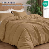PHF 100% Natural Cotton Muslin Duvet Cover Set Queen Size, Ultra Soft Breathable Absorbent, Luxurious Minimalist Gauze Bedding for All Season, Duvet Set with 2 Pillow Shams, 90" x 90", Brown PHF