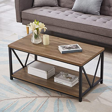FOLUBAN Rustic Coffee Table with Storage Shelf, Vintage Wood and Metal Cocktail Table for Living Room, Oak FOLUBAN