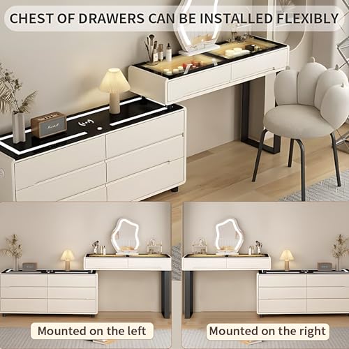 ZGNBSD Smart Vanity Table with Drawers - Vanity Set | Equipped with Charging Station & Speaker | Multi-Layer Solid Wood Material | Includes LED Makeup Mirror and Chair ZGNBSD