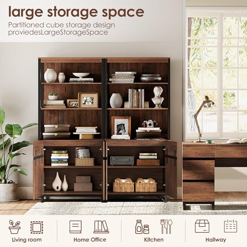 WAMPAT 4 PCS Modern 72" Tall Bookshelf with Metal Base and Adjustable Shelves, Library Bookcase with Storage Cabinet and Open Book Shelfs, Wood Bookshelves for Home Office, Living Room, Brown WAMPAT
