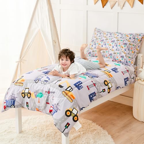 lasoftan Construction Toddler Bedding Set for Boys, 4 Piece Bed-in-a-Bag Toddler Comforter Sets, Excavator, Cars Printed, Super Soft and Comfortable Microfiber Todeeler Bed Set lasoftan