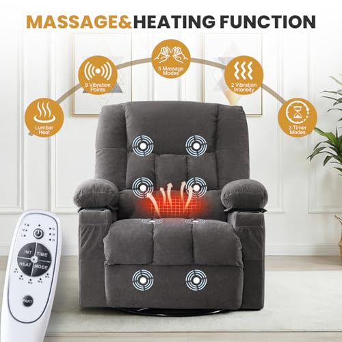 Swivel Rocker Recliner Chair with Vibration Massage and Heating Functions for Adults,Oversized Recliner Single Sofa with Side Pocket,Two Cup Holders for Living Room and Bedroom