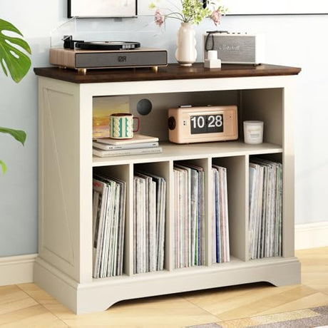 RowyPoey Large Farmhouse Record Player Stand, Turntable Stand with Vinyl Storage, Wood Record Holder Storage Cabinet Dispaly Shelf for Living Room, Bedroom, Office, Antique White RowyPoey