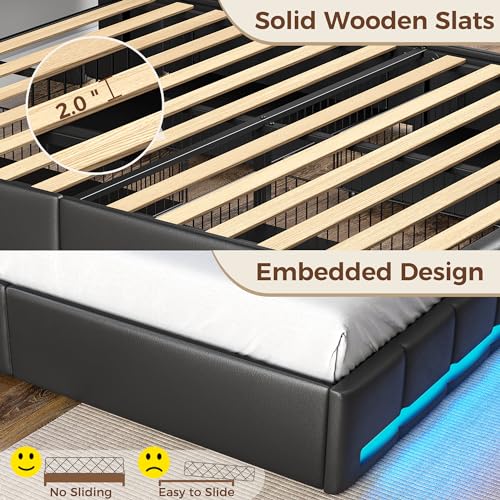 Rolanstar Full Size Bed Frame with LED Lights and Charging Station, PU Leather Bed Storage Headboard & Drawers, Heavy Duty Wood Slats, Easy Assembly, Black Rolanstar