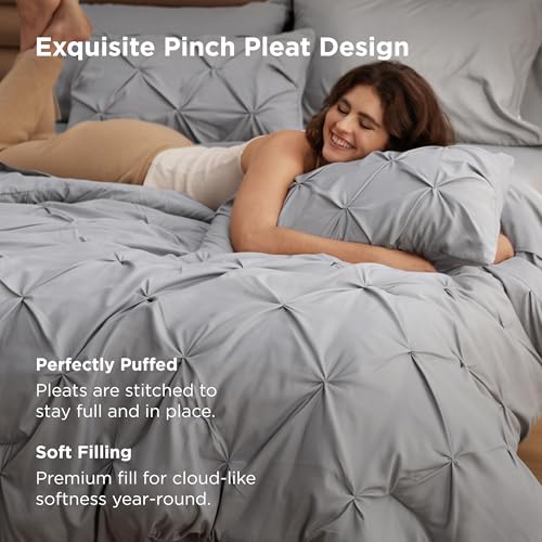 Bedsure King Size Comforter Set - Bedding Sets King 7 Pieces, Pintuck Bed in a Bag Grey Bed Set with Comforter, Sheets, Pillowcases & Shams Bedsure