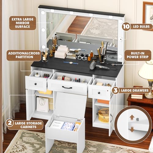 INTERGREAT 57" Makeup Vanity Desk with Large Mirror and 10 LED Lights,Dressing Table with Power Outlet & 5 Drawers,3 Lighting Color Adjustable,Vanity Desk for Girls,White INTERGREAT