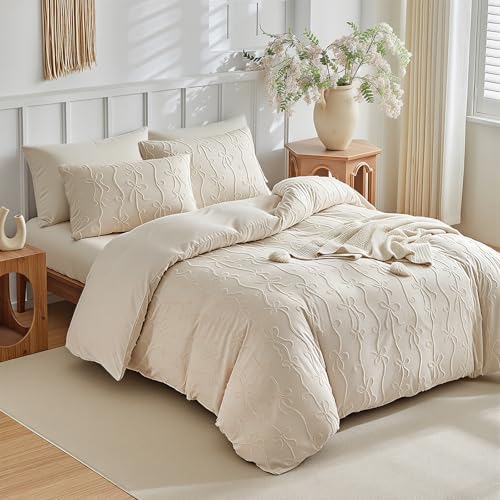 Jameswish 7 Pieces Bow Tufted Boho Comforter Set Khaki Farmhouse Shabby Chic Embroidered Bedding for All Seasons Twin Size with Comforter Sheets Pillowcases Shams Jameswish