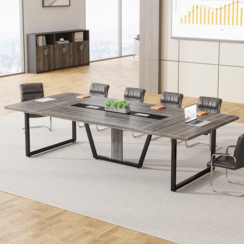 LITTLE TREE 8FT Conference Table for 10 People, Large Meeting Table, Modern Wooden Conference Room Table with Cable Management, Business Style Training Table with Strong Metal Legs for Office, Grey LITTLE TREE