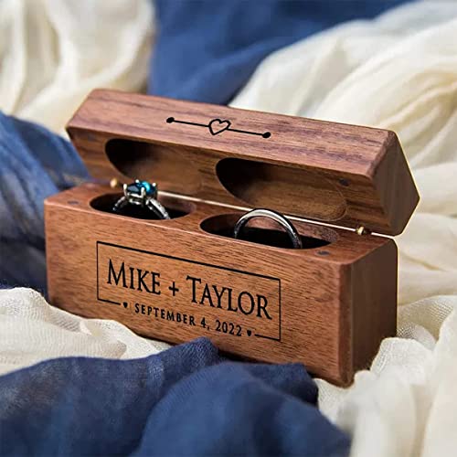 Eyesoul Personalized Walnut Wooden Ring Box,Double Ring Box With Name,Custom Engagement/Proposal/Wedding Ceremony Ring Bearer Box,Wedding Ring Holder - WoodArtSupply