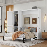 DNChuan Queen Size Horizontal Murphy Bed with Desk and Convertible Wardrobe, Foldable Wall Bed with Cabinet Built-in Doors, Charging Station, Space Saving, White DNChuan