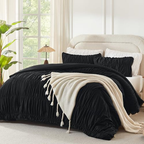 Andency Ruched Black Full Size Comforter Sets, Shabby Chic Pleatd Bedding Sets 3 Pieces, Lightweight Soft Boho Ruffle Bed Set for Girls, Kids, Women, All Season Andency
